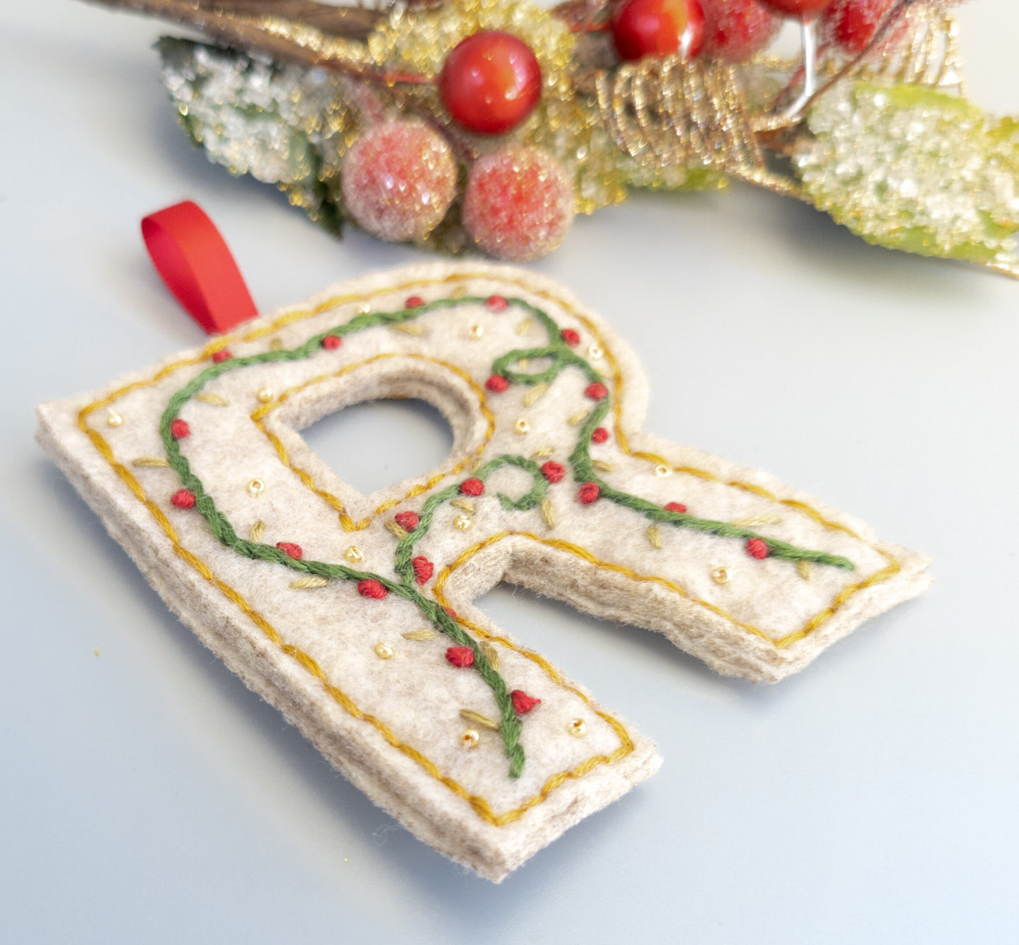 Custom Embroidered Monogram Initial Christmas Ornament - Heirloom Christmas Ornament - Custom Name Ornament - Floral Embroidered Monogram
