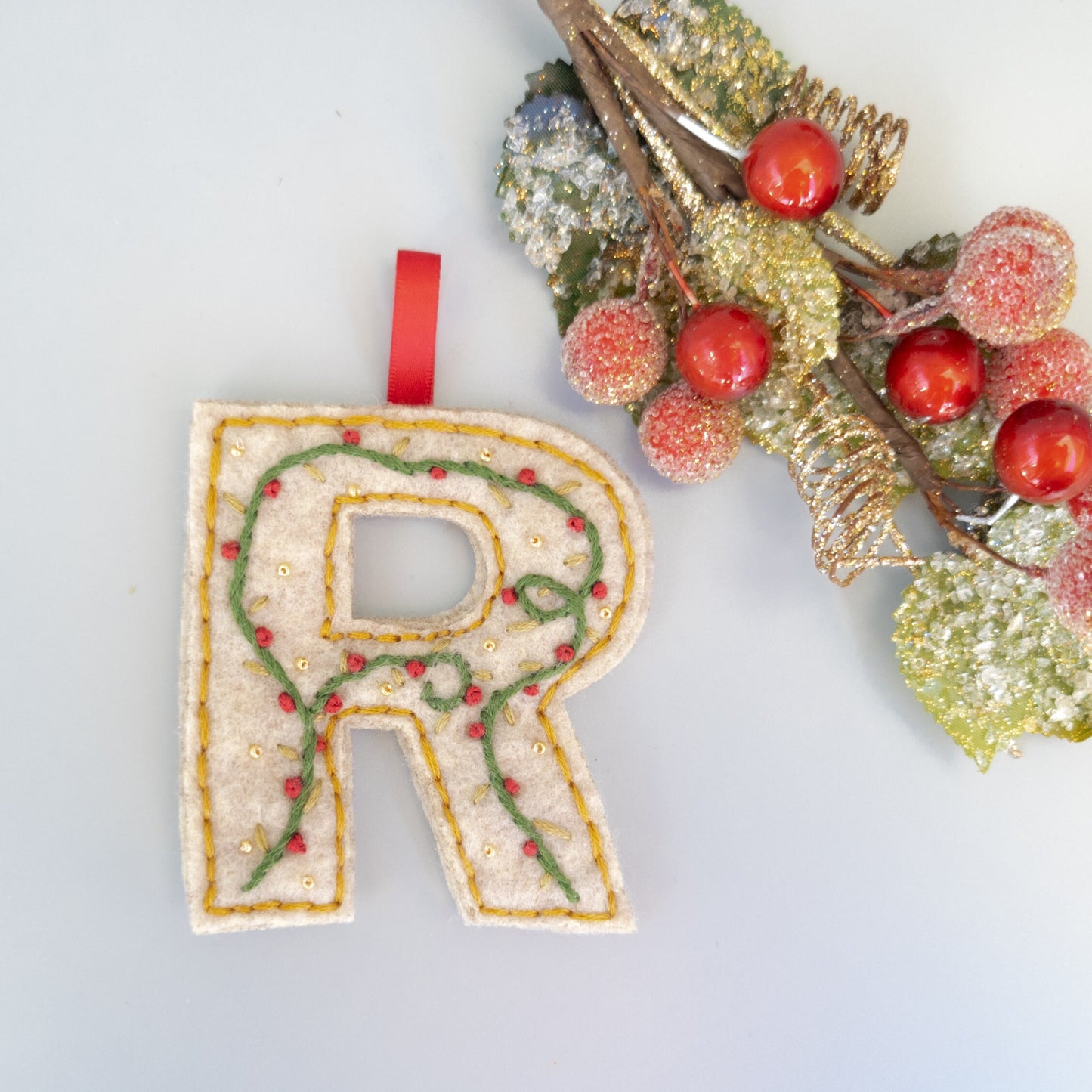 Custom Embroidered Monogram Initial Christmas Ornament - Heirloom Christmas Ornament - Custom Name Ornament - Floral Embroidered Monogram