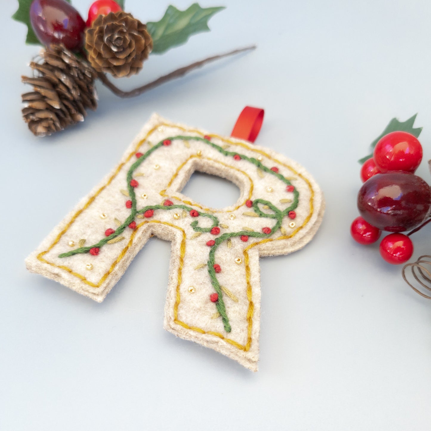 Custom Embroidered Monogram Initial Christmas Ornament - Heirloom Christmas Ornament - Custom Name Ornament - Floral Embroidered Monogram