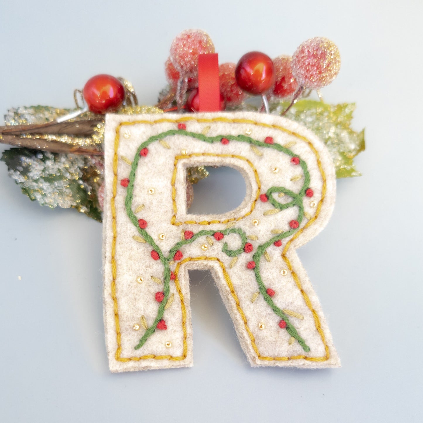 Custom Embroidered Monogram Initial Christmas Ornament - Heirloom Christmas Ornament - Custom Name Ornament - Floral Embroidered Monogram