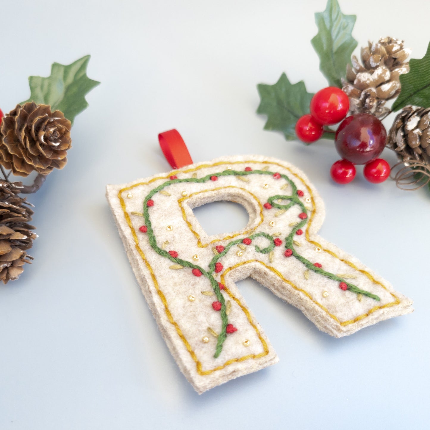 Custom Embroidered Monogram Initial Christmas Ornament - Heirloom Christmas Ornament - Custom Name Ornament - Floral Embroidered Monogram
