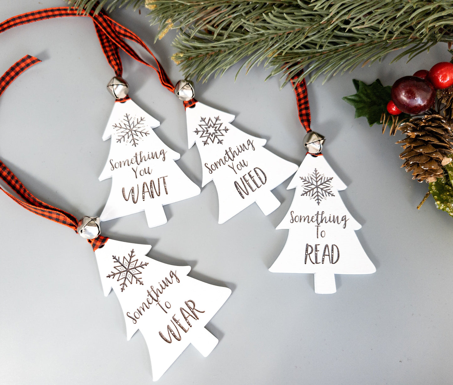 CUSTOM Set of Four or Seven Gifts Tree Gift Tags - Custom Wooden Gift Tags - Something You Want Something You Need - Christmas Gift Tags