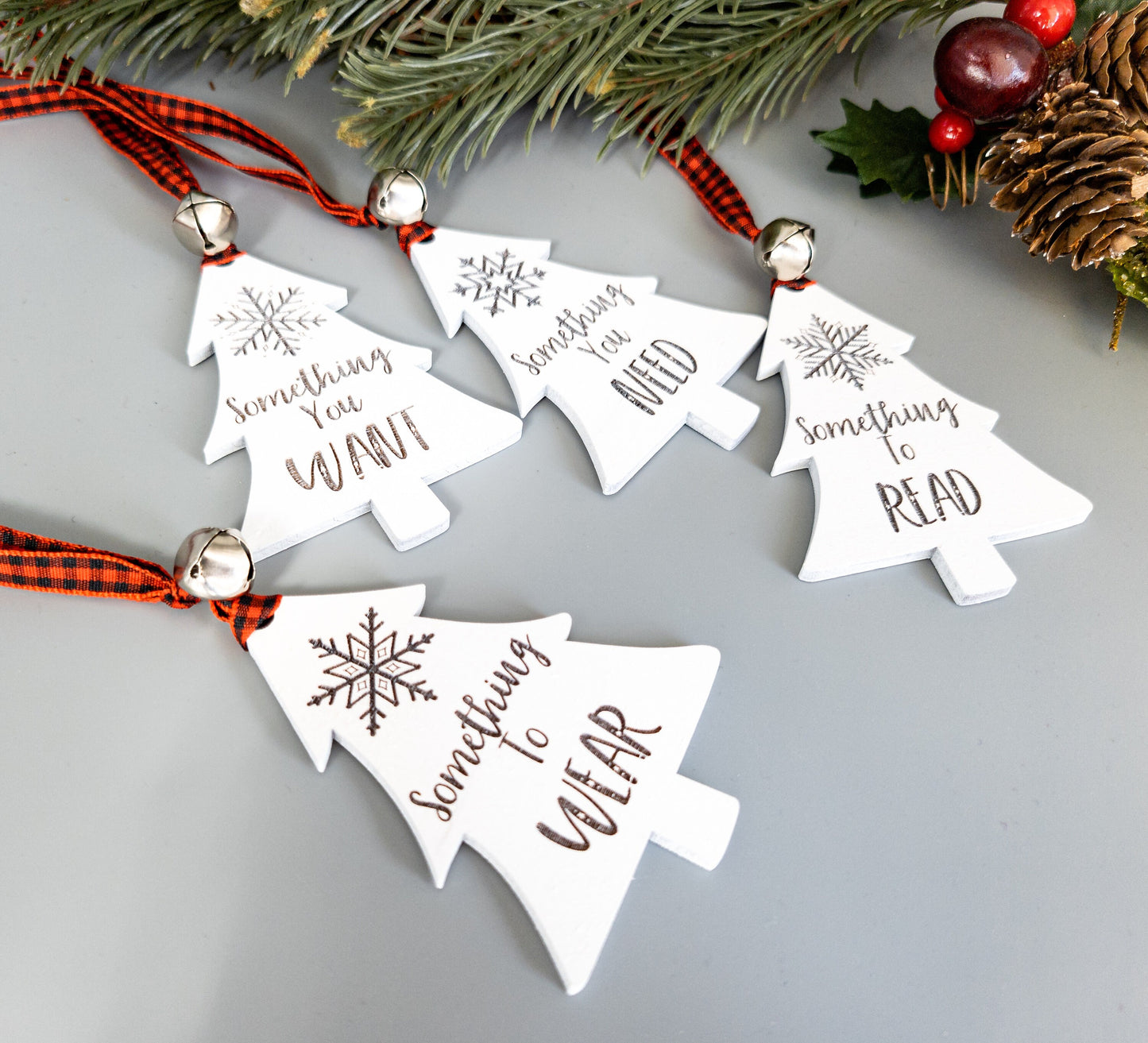 CUSTOM Set of Four or Seven Gifts Tree Gift Tags - Custom Wooden Gift Tags - Something You Want Something You Need - Christmas Gift Tags
