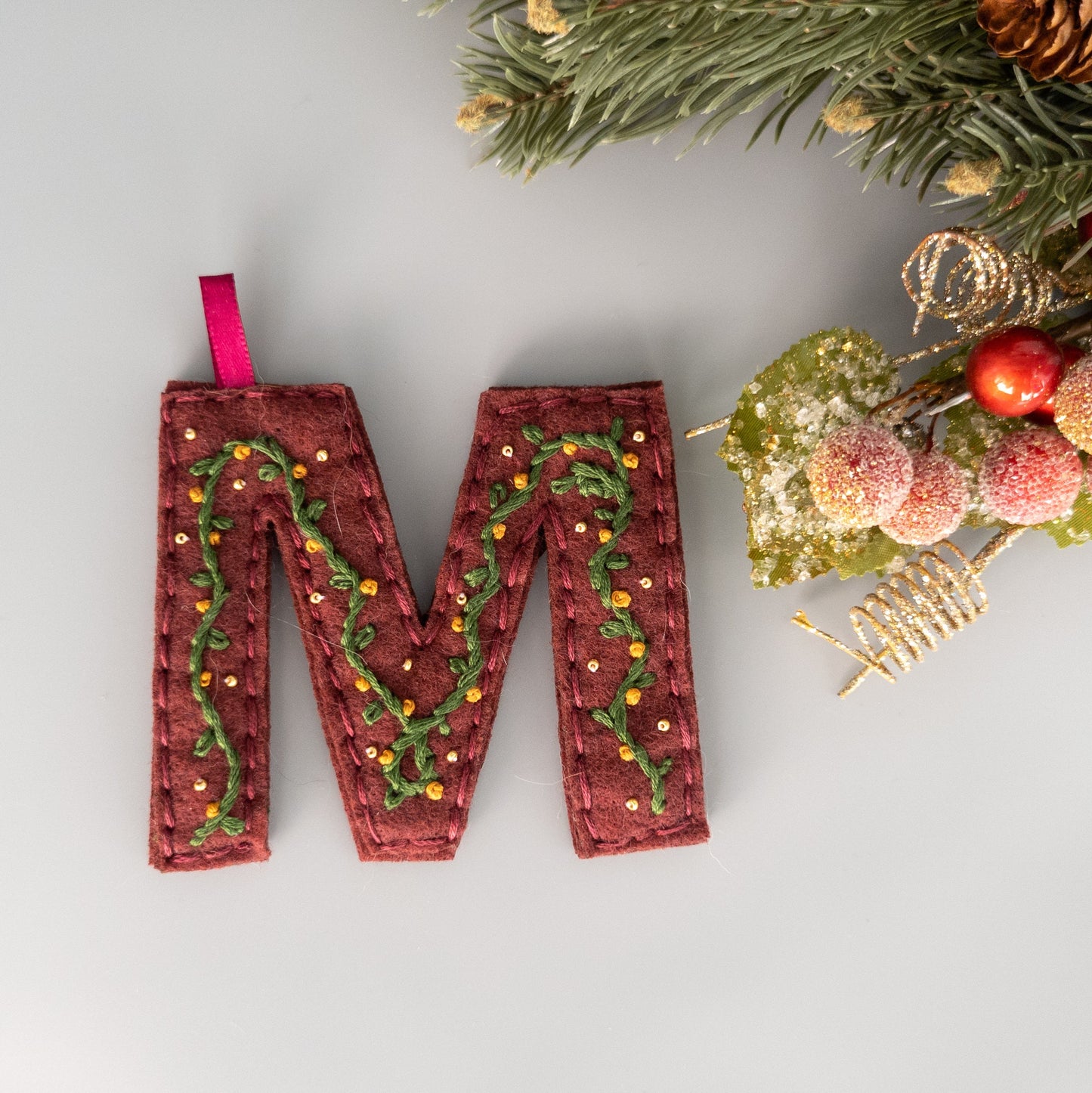 Custom Embroidered Monogram Initial Christmas Ornament - Heirloom Christmas Ornament - Custom Name Ornament - Floral Embroidered Monogram