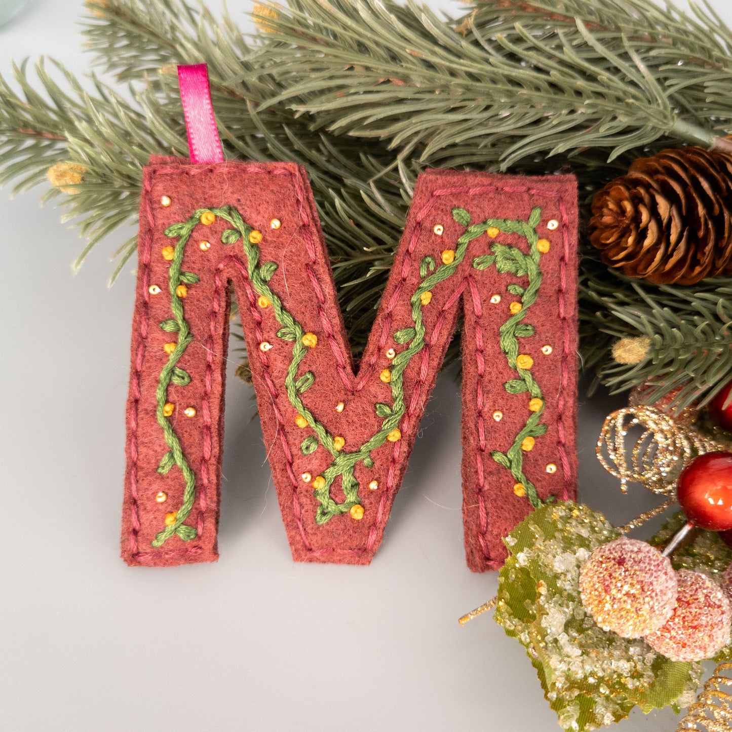 Custom Embroidered Monogram Initial Christmas Ornament - Heirloom Christmas Ornament - Custom Name Ornament - Floral Embroidered Monogram