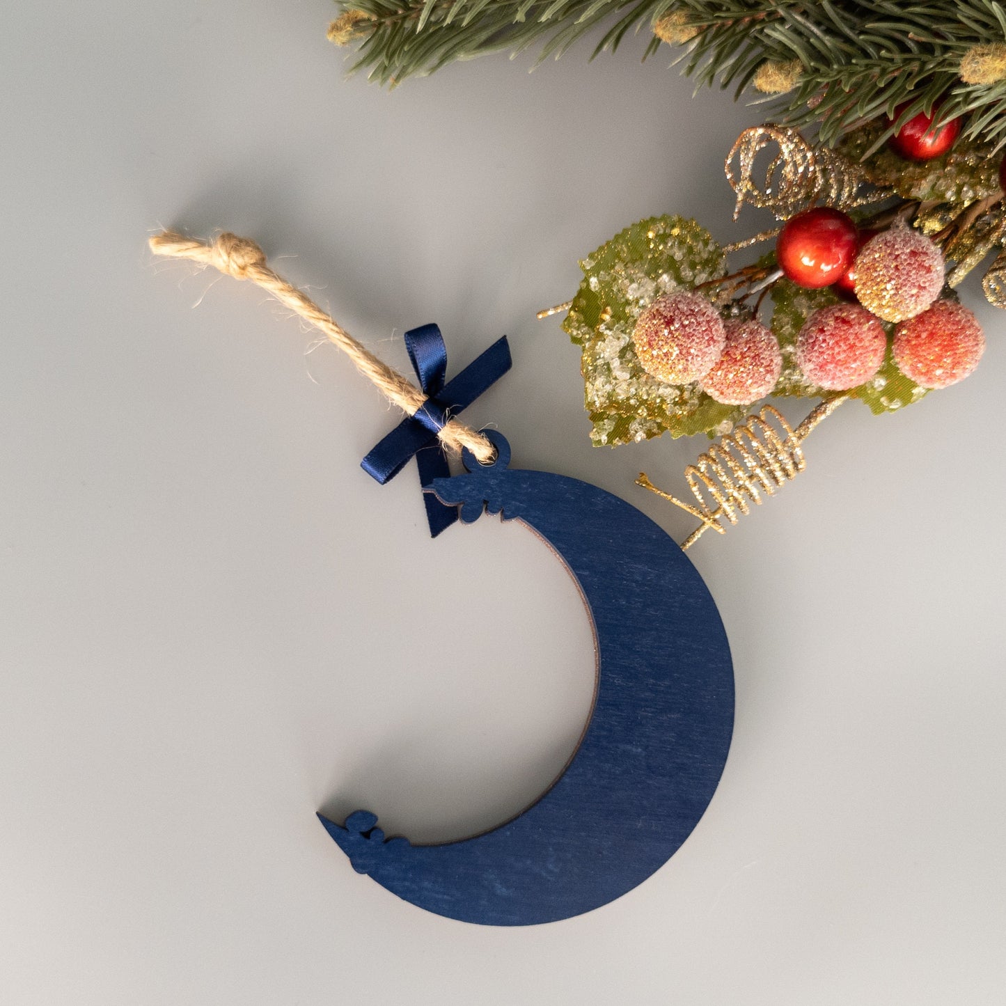 Copper and Navy Ivy Moon Ornament - Celestial Ornament - Moon and Star Christmas Ornament -Boho Christmas Decorations-Hygge Scandi Christmas
