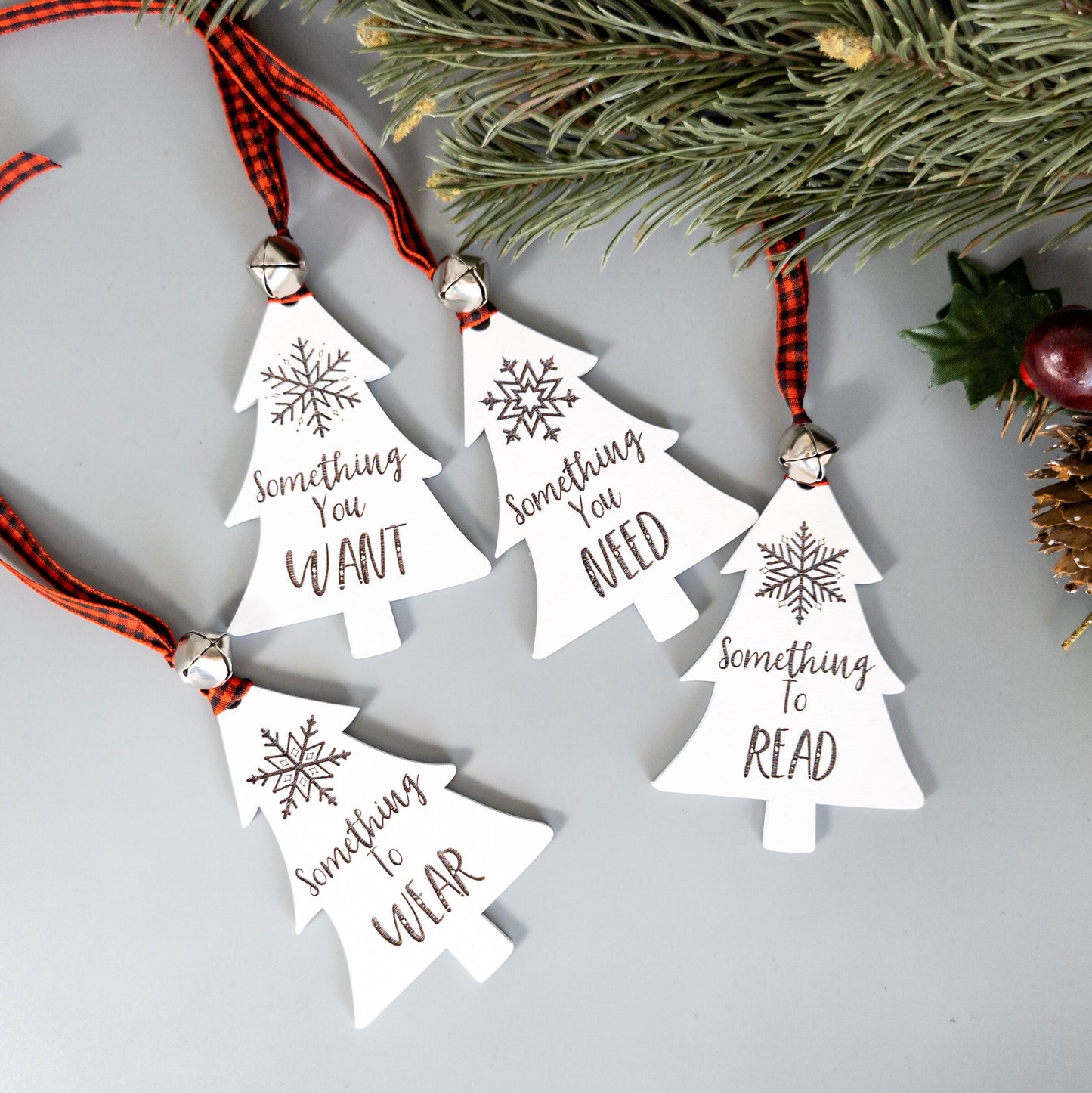 CUSTOM Set of Four or Seven Gifts Tree Gift Tags - Custom Wooden Gift Tags - Something You Want Something You Need - Christmas Gift Tags