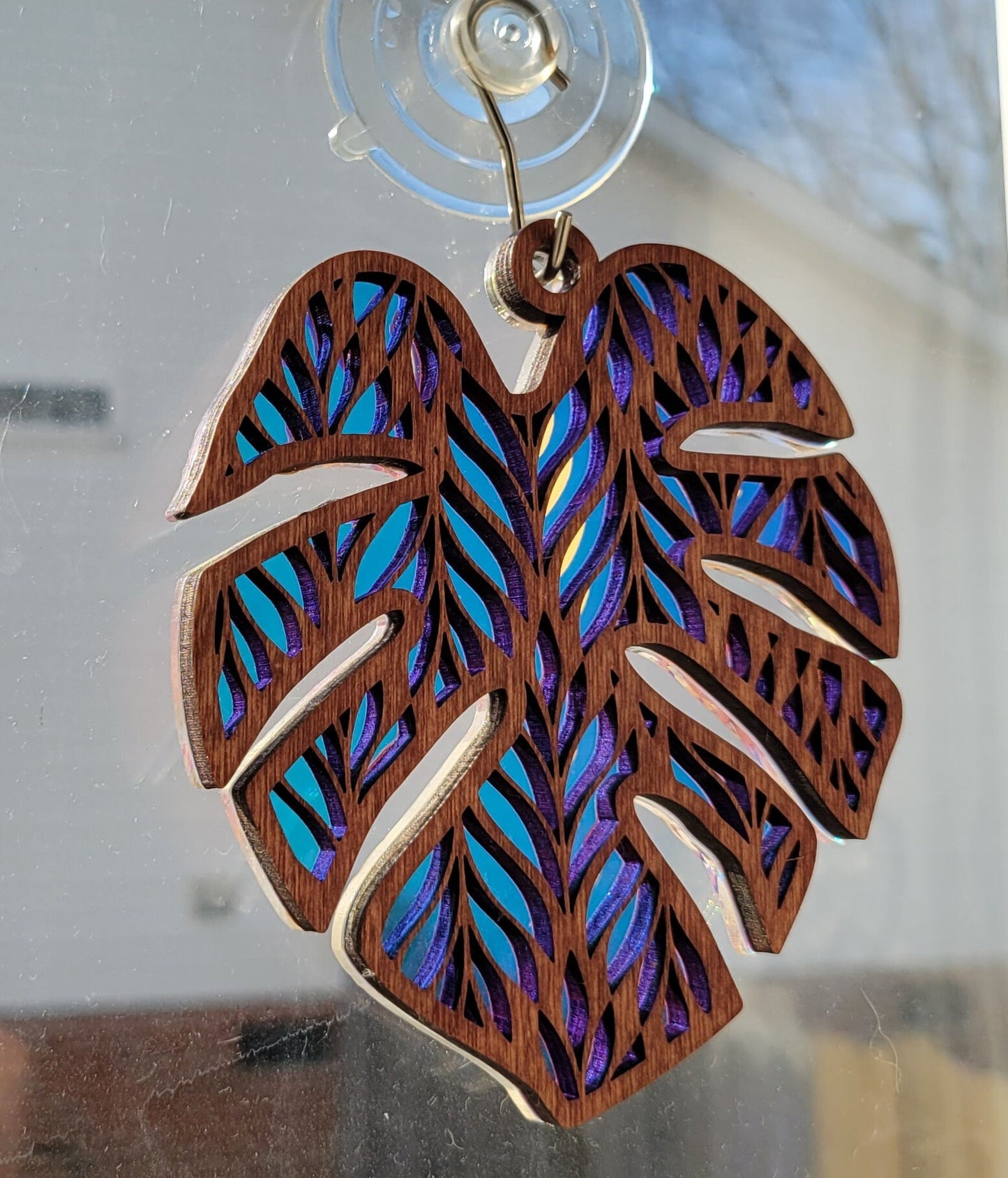 Iridescent Monstera Leaf Mandala Suncatcher - Crystal Acrylic Suncatcher - Witchy Cottagecore Plant Decor - Window Light Sun Catcher