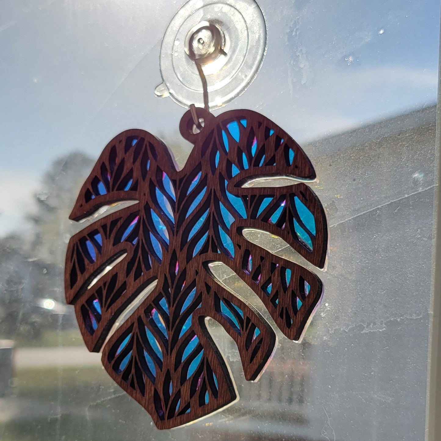 Iridescent Monstera Leaf Mandala Suncatcher - Crystal Acrylic Suncatcher - Witchy Cottagecore Plant Decor - Window Light Sun Catcher