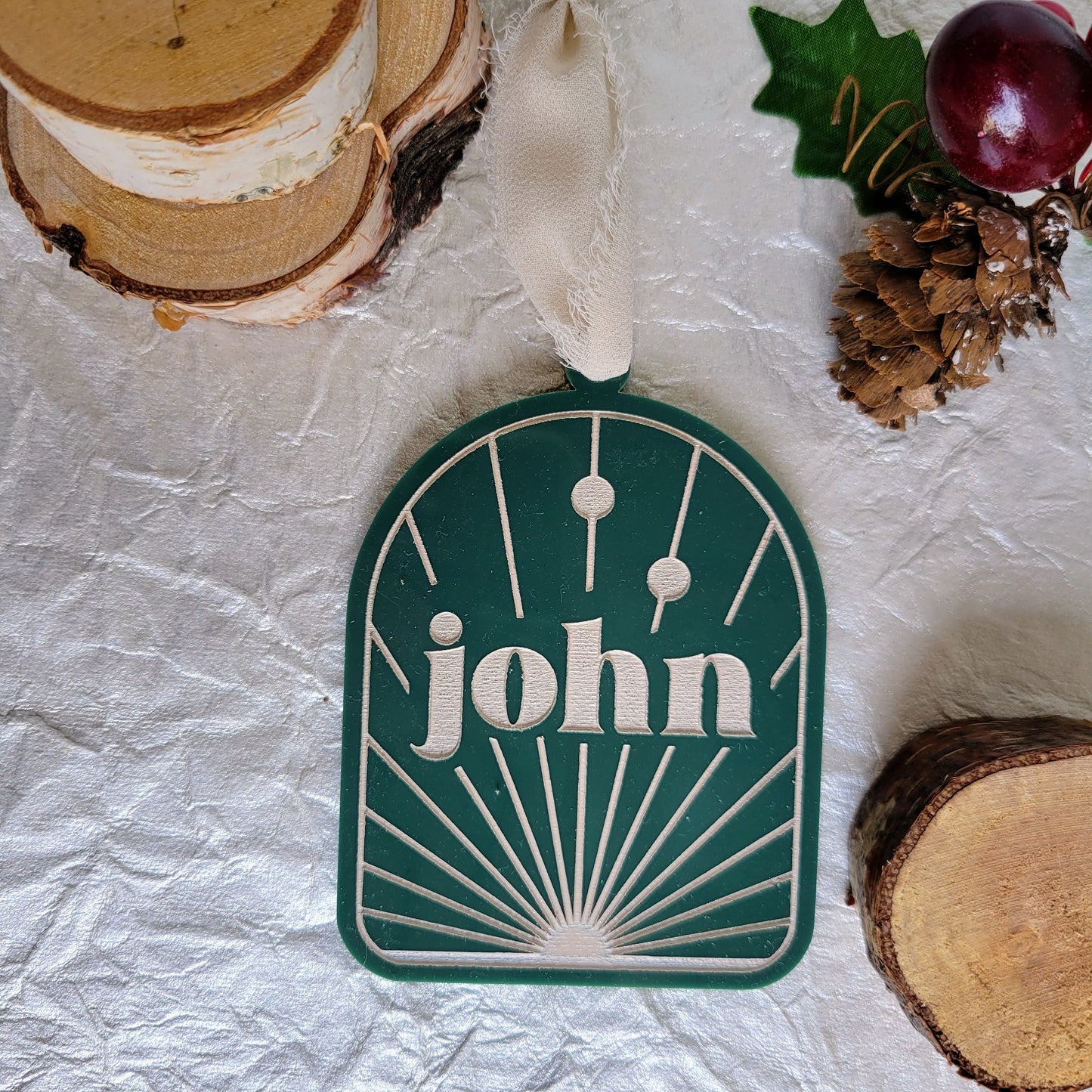 Boho Arch Custom Christmas Ornament - Mid Century Modern Ornament - Modern Arch Name Ornament- MCM Custom Name Family Ornament - Acrylic