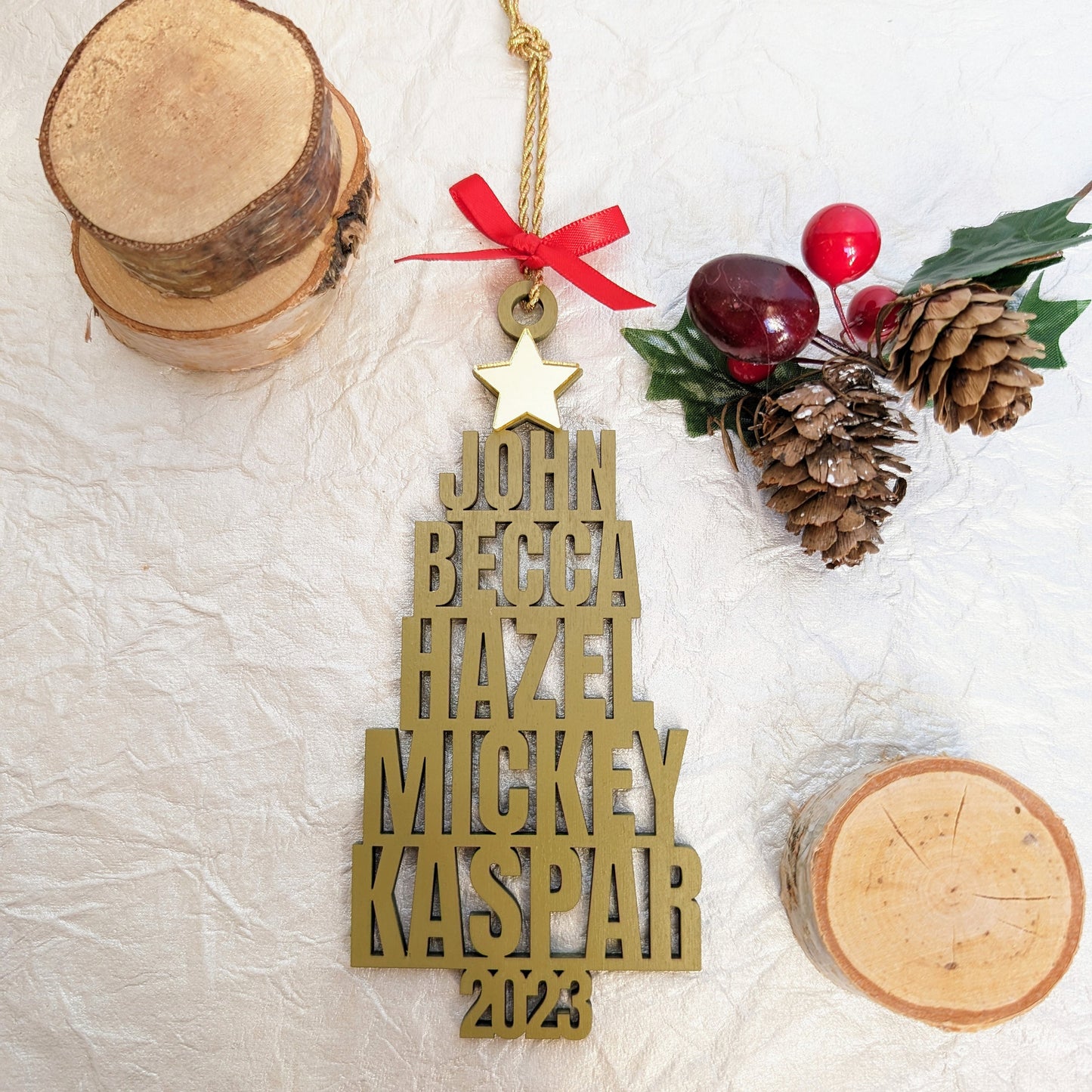 Custom Family Names Christmas Tree Ornament - Stacked Names Ornament - 2023 Gift Ornament - Blacklight Ornament - Pet Names Ornament
