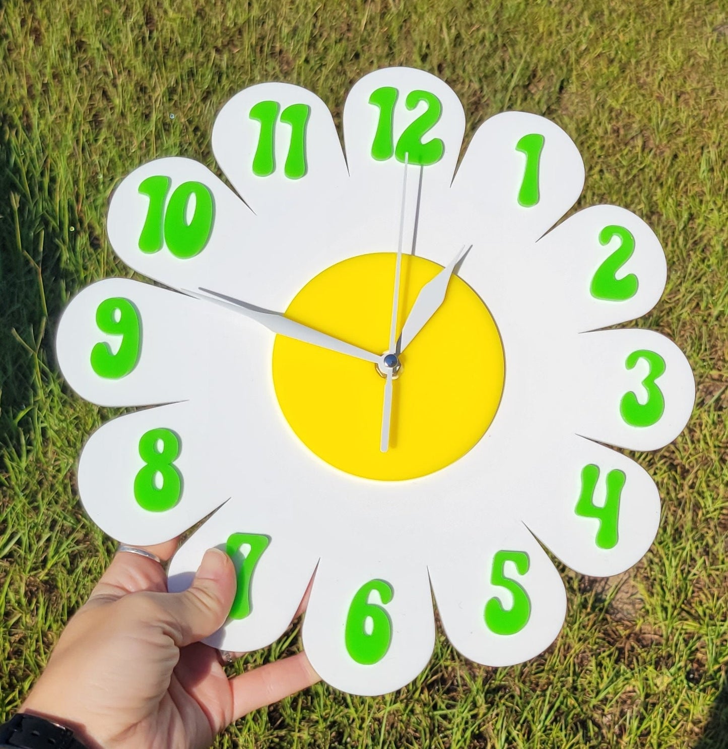 Retro Daisy Wall Clock - Funky Wall Clock - White and Green