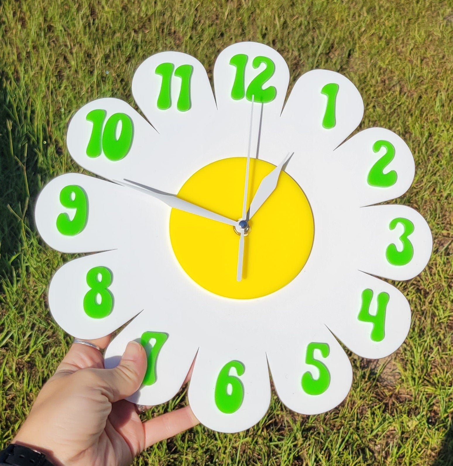 Retro Daisy Wall Clock - Funky Wall Clock - White and Green