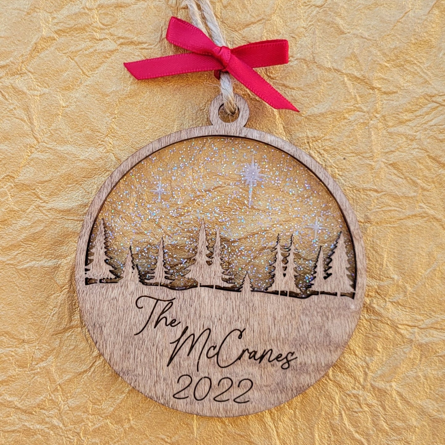 Custom Family Pine Trees and Stars Wooden Ornament - Layered Last Name Ornament - Personalized Rustic Ornament - Christmas Tree Ornament