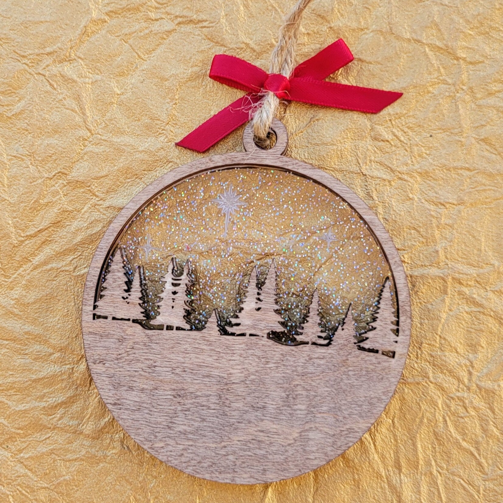 Custom Family Pine Trees and Stars Wooden Ornament - Layered Last Name Ornament - Personalized Rustic Ornament - Christmas Tree Ornament