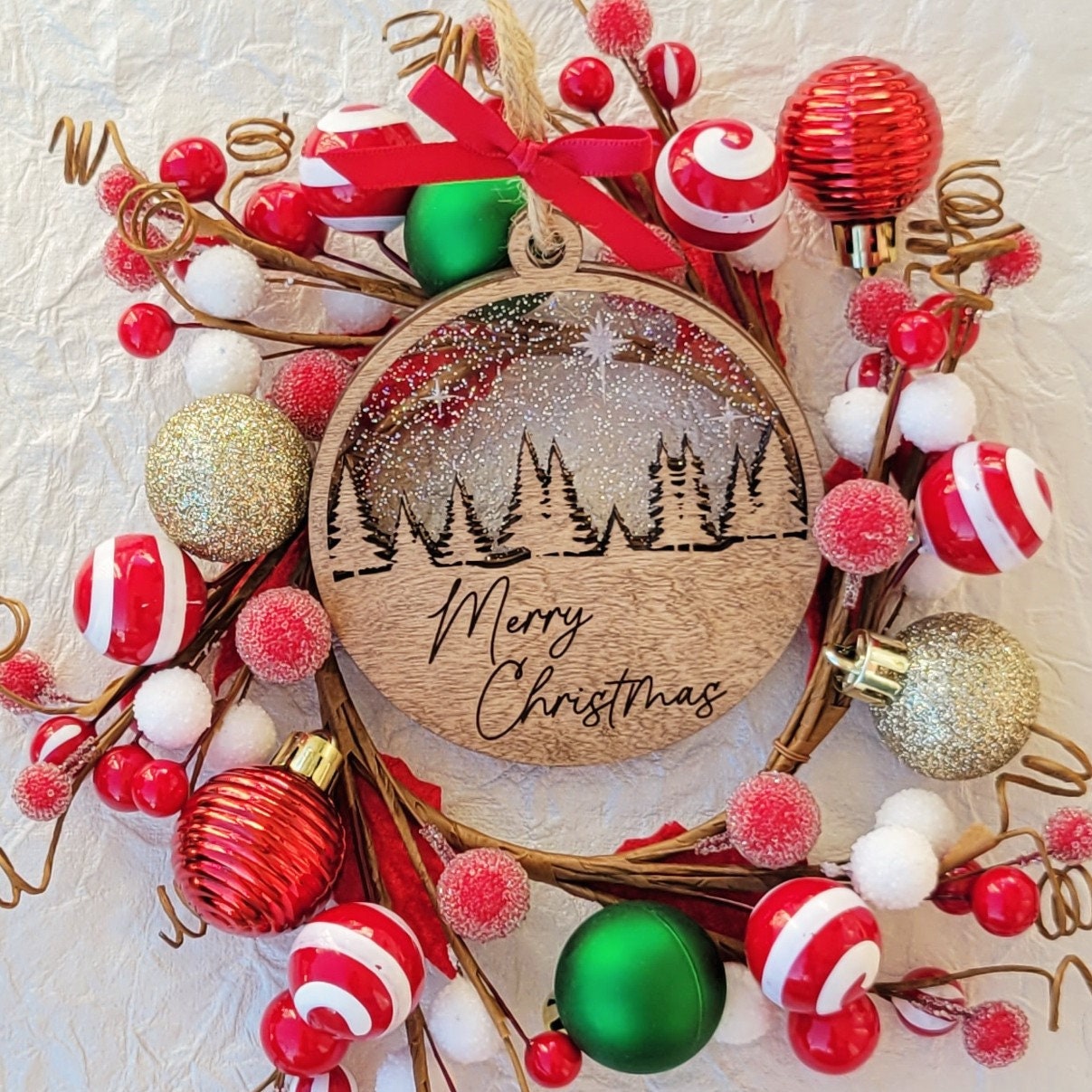 Custom Merry Christmas Pine Trees and Stars Wooden Ornament - Layered Christmas Ornament - Rustic Ornament - Christmas Tree Ornament