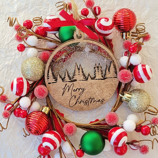 Custom Merry Christmas Pine Trees and Stars Wooden Ornament - Layered Christmas Ornament - Rustic Ornament - Christmas Tree Ornament