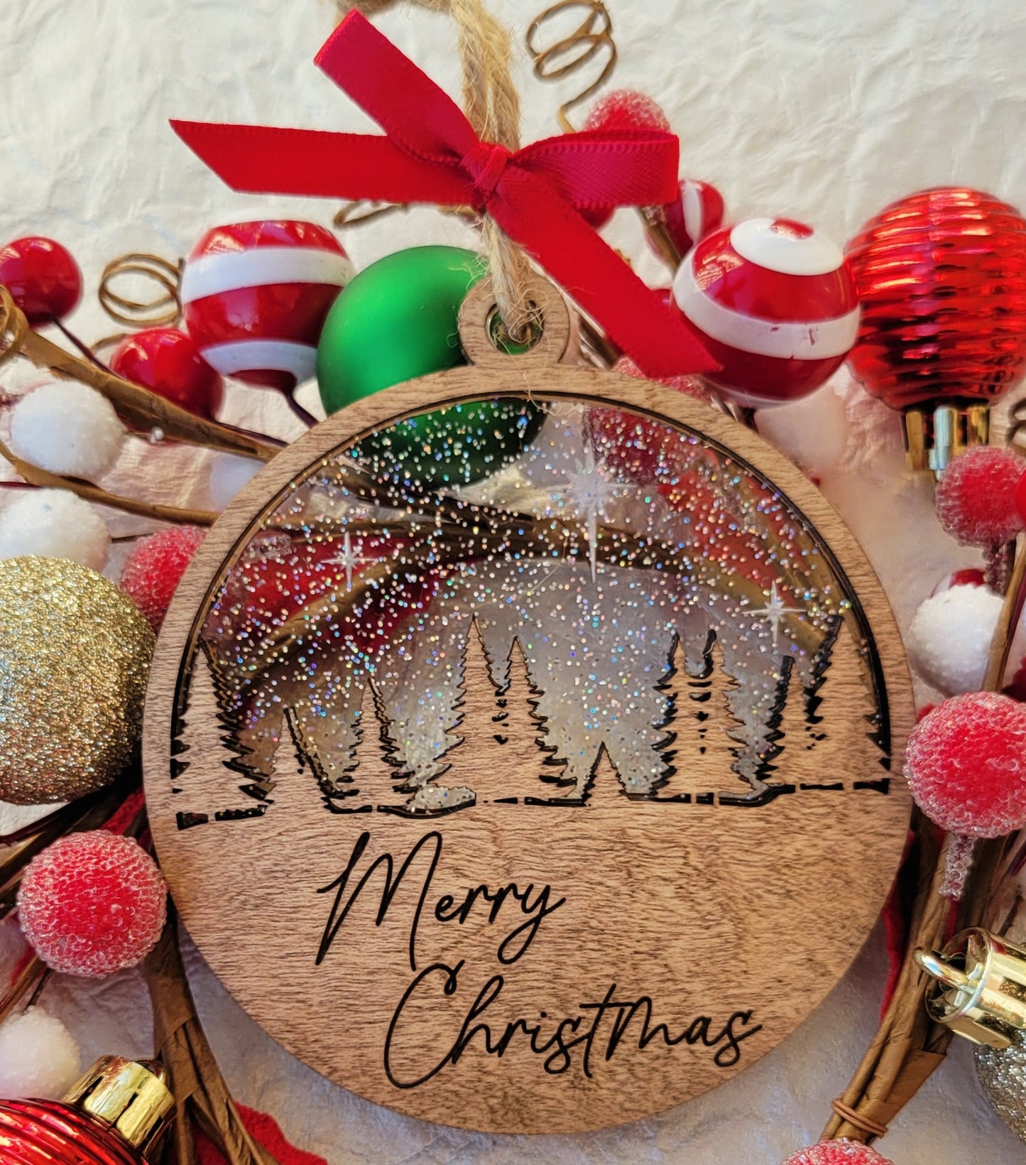 Custom Merry Christmas Pine Trees and Stars Wooden Ornament - Layered Christmas Ornament - Rustic Ornament - Christmas Tree Ornament