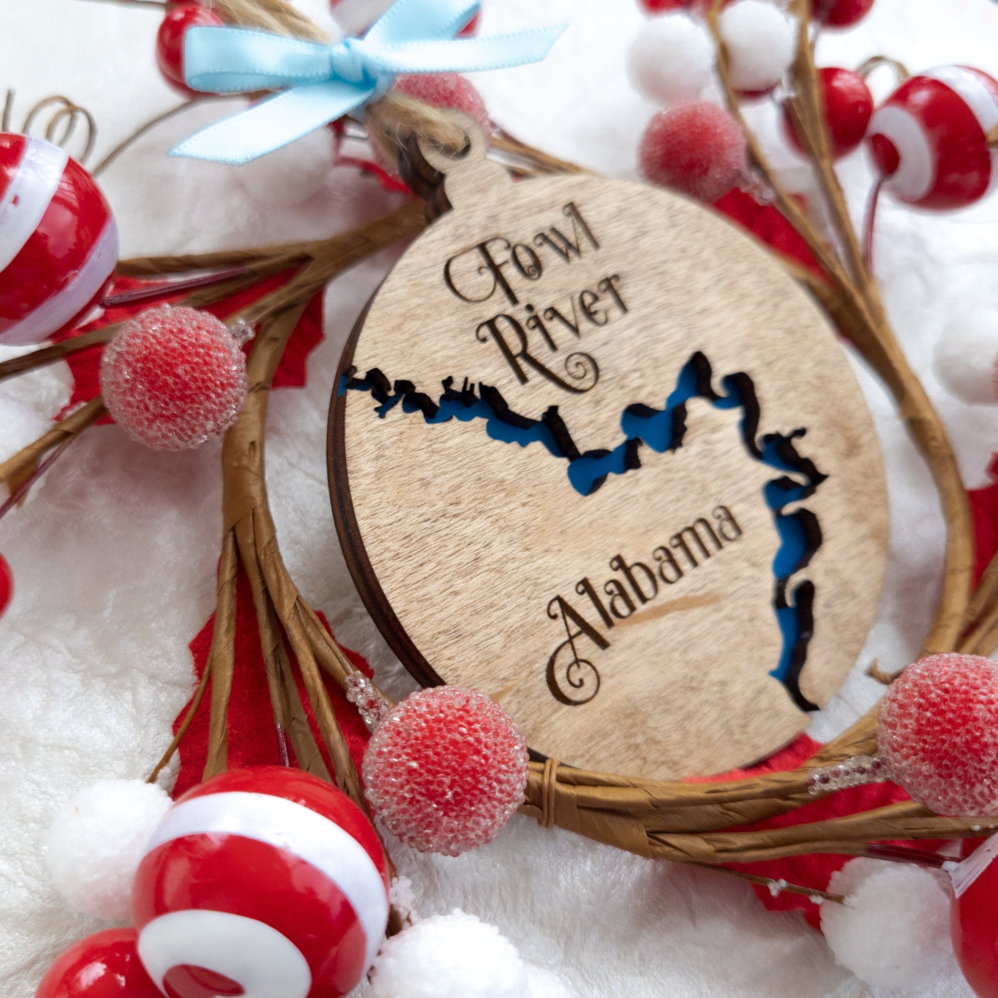 CUSTOM Any River Wooden Christmas Ornament