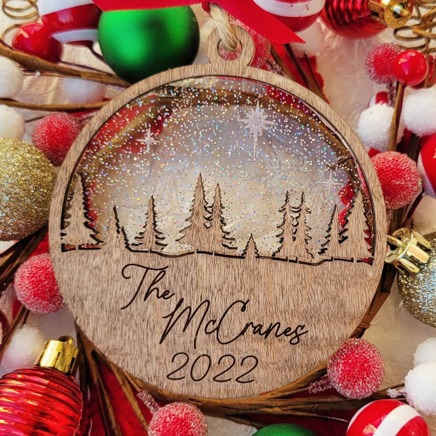 Custom Family Pine Trees and Stars Wooden Ornament - Layered Last Name Ornament - Personalized Rustic Ornament - Christmas Tree Ornament