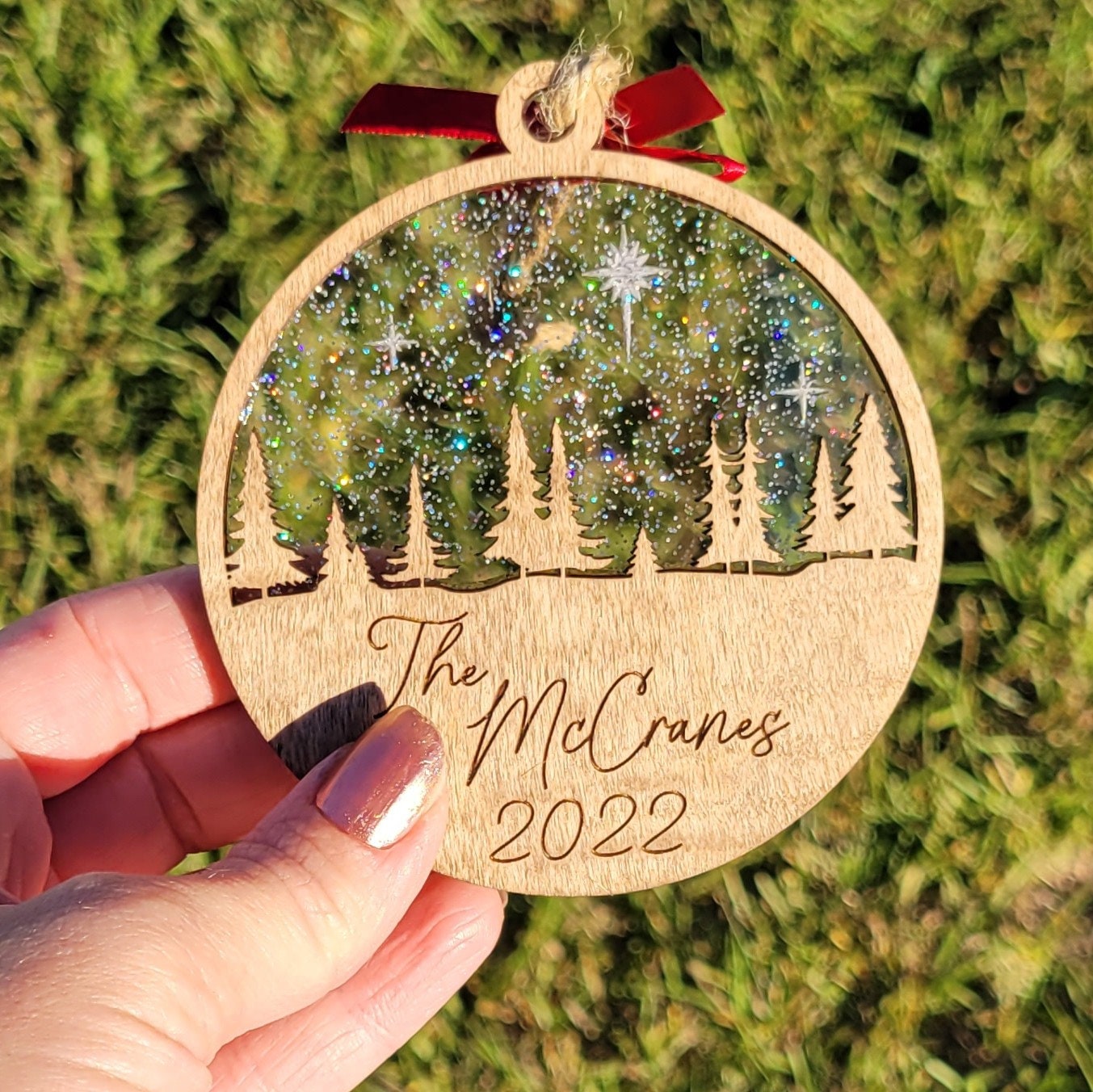 Custom Family Pine Trees and Stars Wooden Ornament - Layered Last Name Ornament - Personalized Rustic Ornament - Christmas Tree Ornament