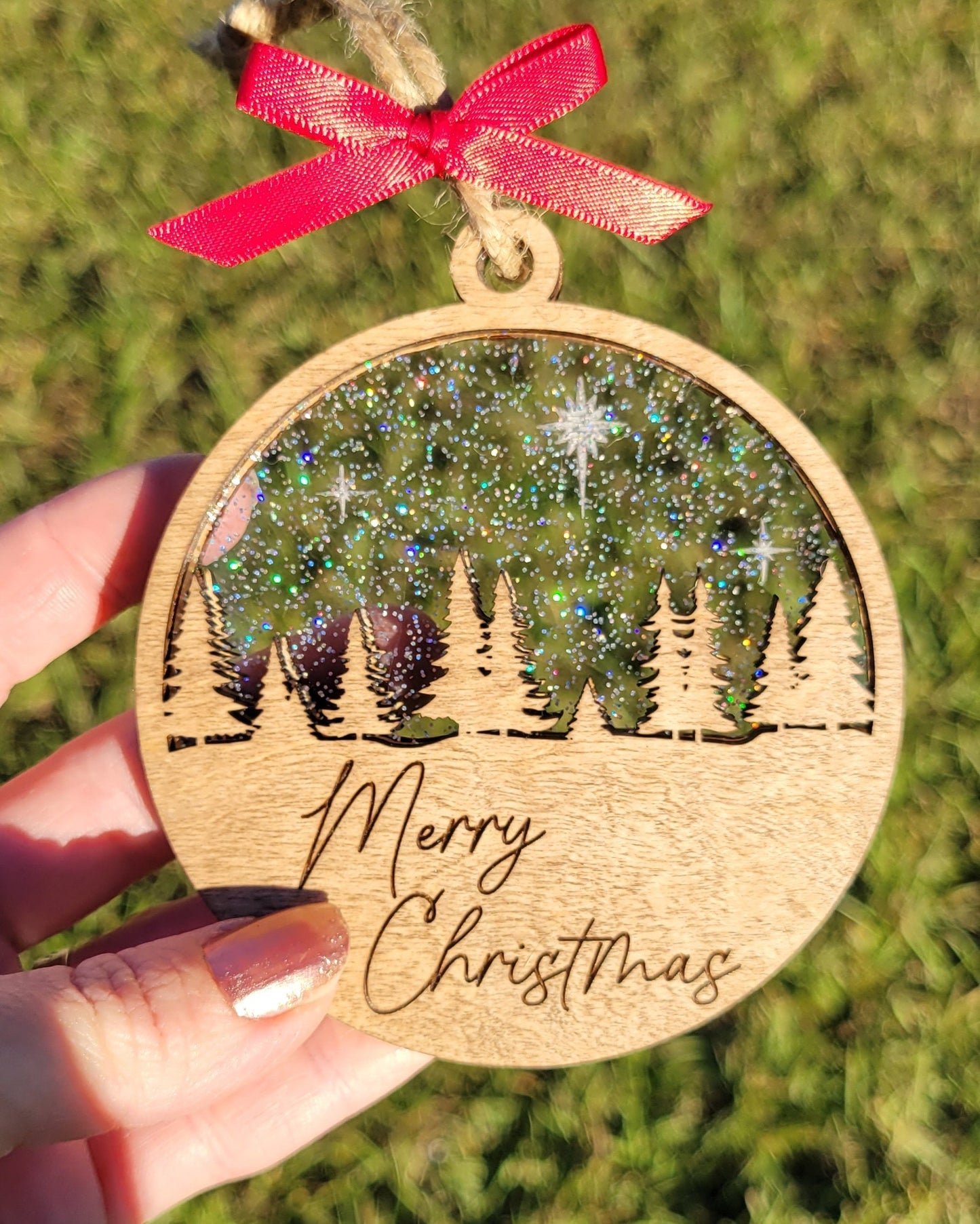 Custom Merry Christmas Pine Trees and Stars Wooden Ornament - Layered Christmas Ornament - Rustic Ornament - Christmas Tree Ornament