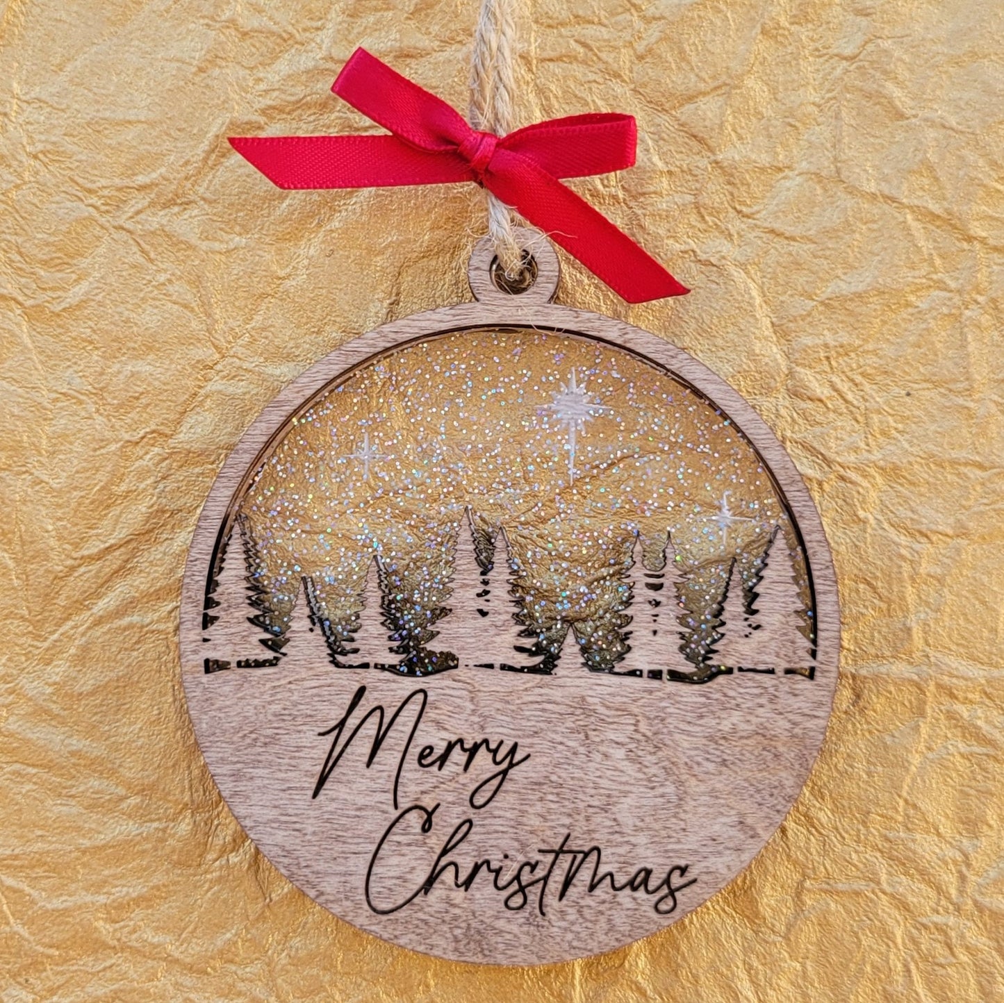 Custom Merry Christmas Pine Trees and Stars Wooden Ornament - Layered Christmas Ornament - Rustic Ornament - Christmas Tree Ornament