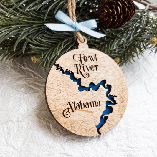 CUSTOM Any River Wooden Christmas Ornament