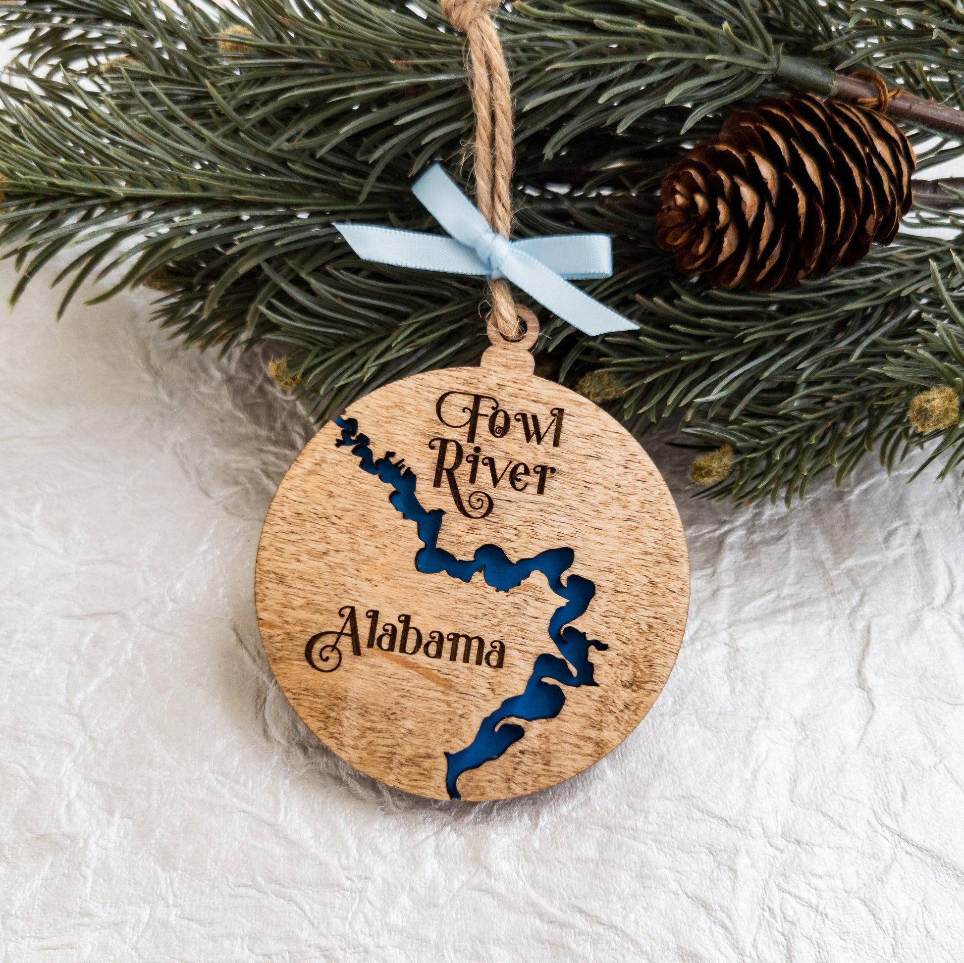 CUSTOM Any River Wooden Christmas Ornament