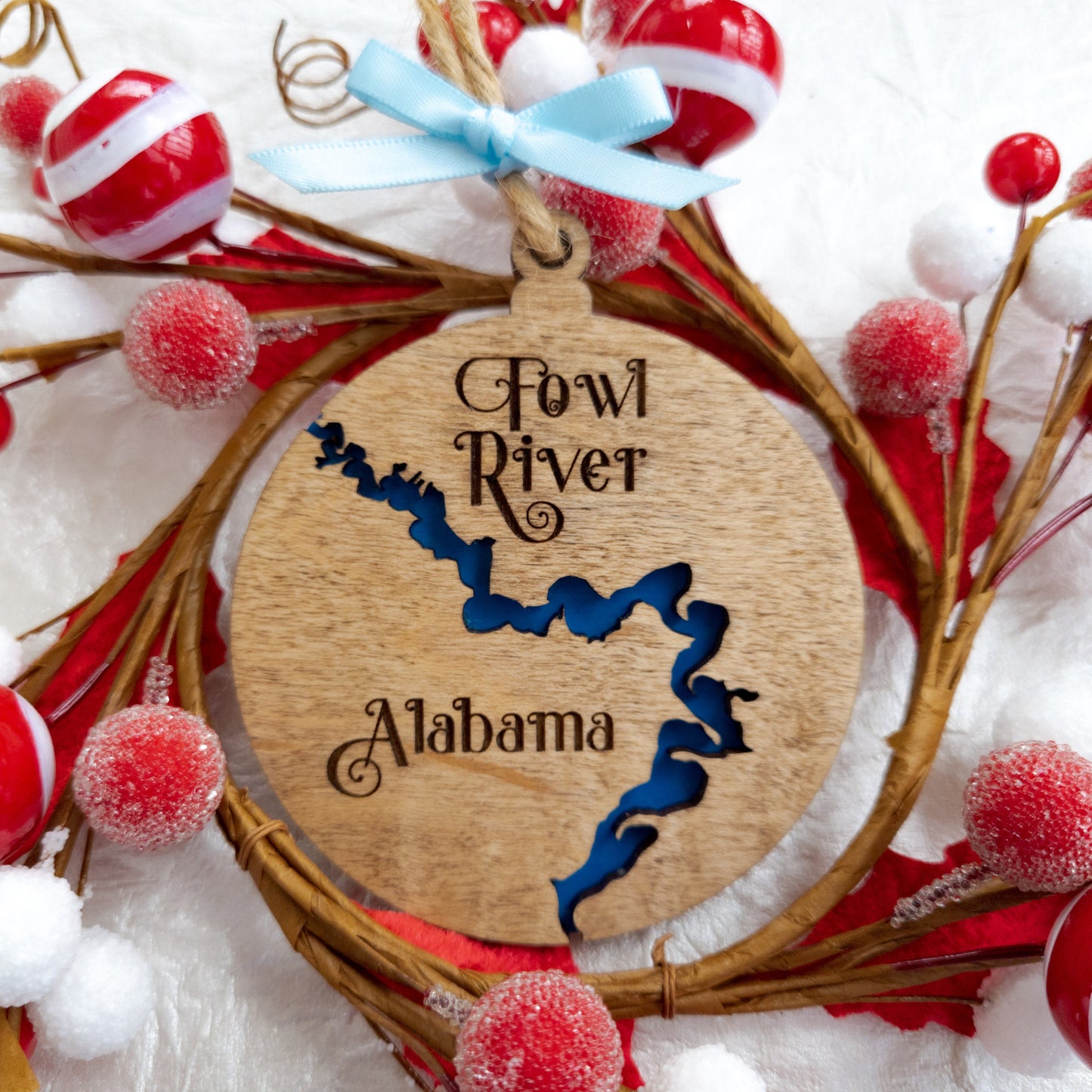 CUSTOM Any River Wooden Christmas Ornament