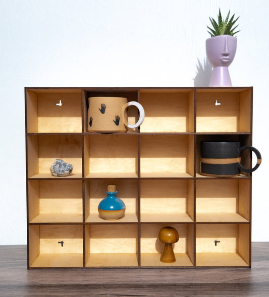 16 Compartment Wooden Display Shelf - 4x5 - Trinket Shelf - Curio Cabinet