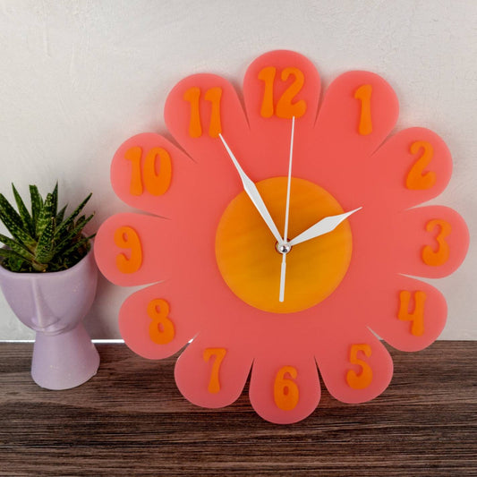Retro Daisy Wall Clock - Funky Wall Clock - Melon and Peach