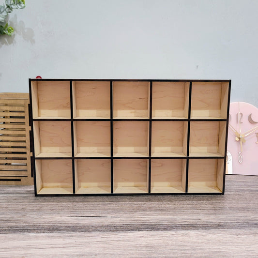 15 Compartment Wooden Display Shelf - Trinket Shelf - Curio Cabinet- Knick Knack Collection Display - Printer Tray -Figure Organizer Display