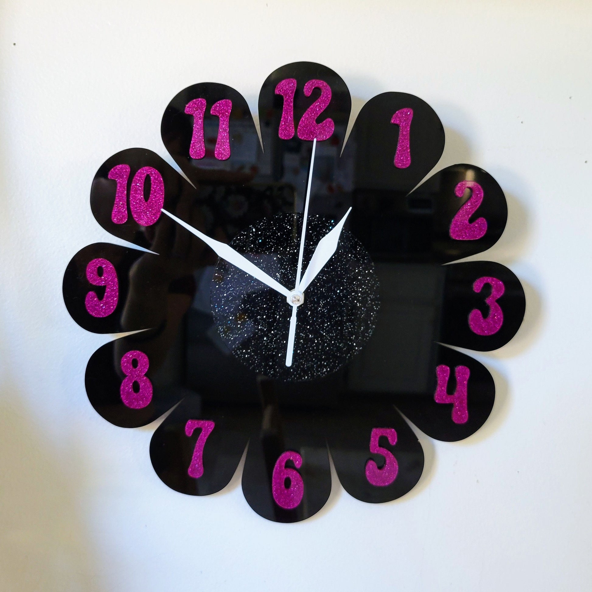 Black Glitter Daisy Wall Clock