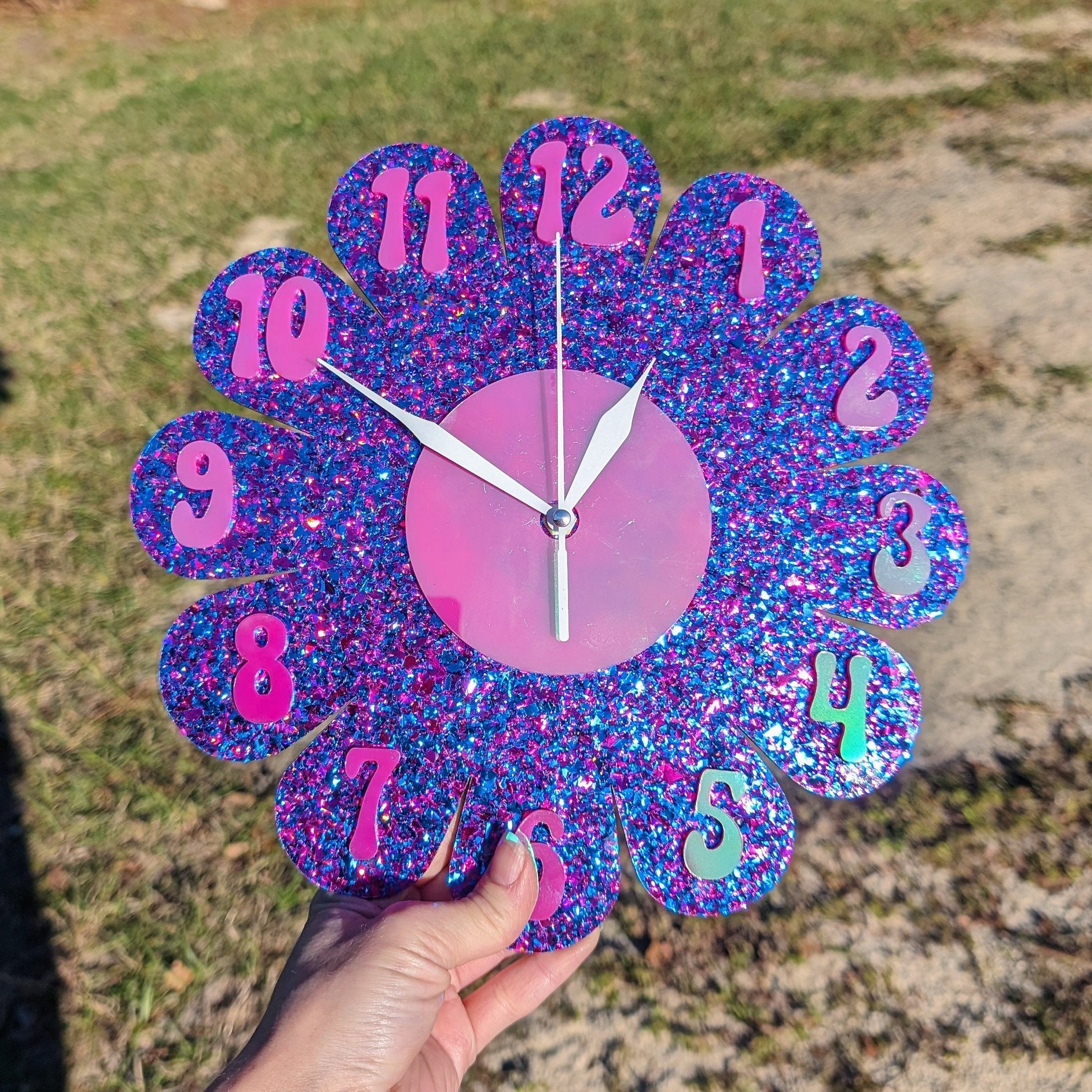 Purple Glitter Daisy Wall Clock