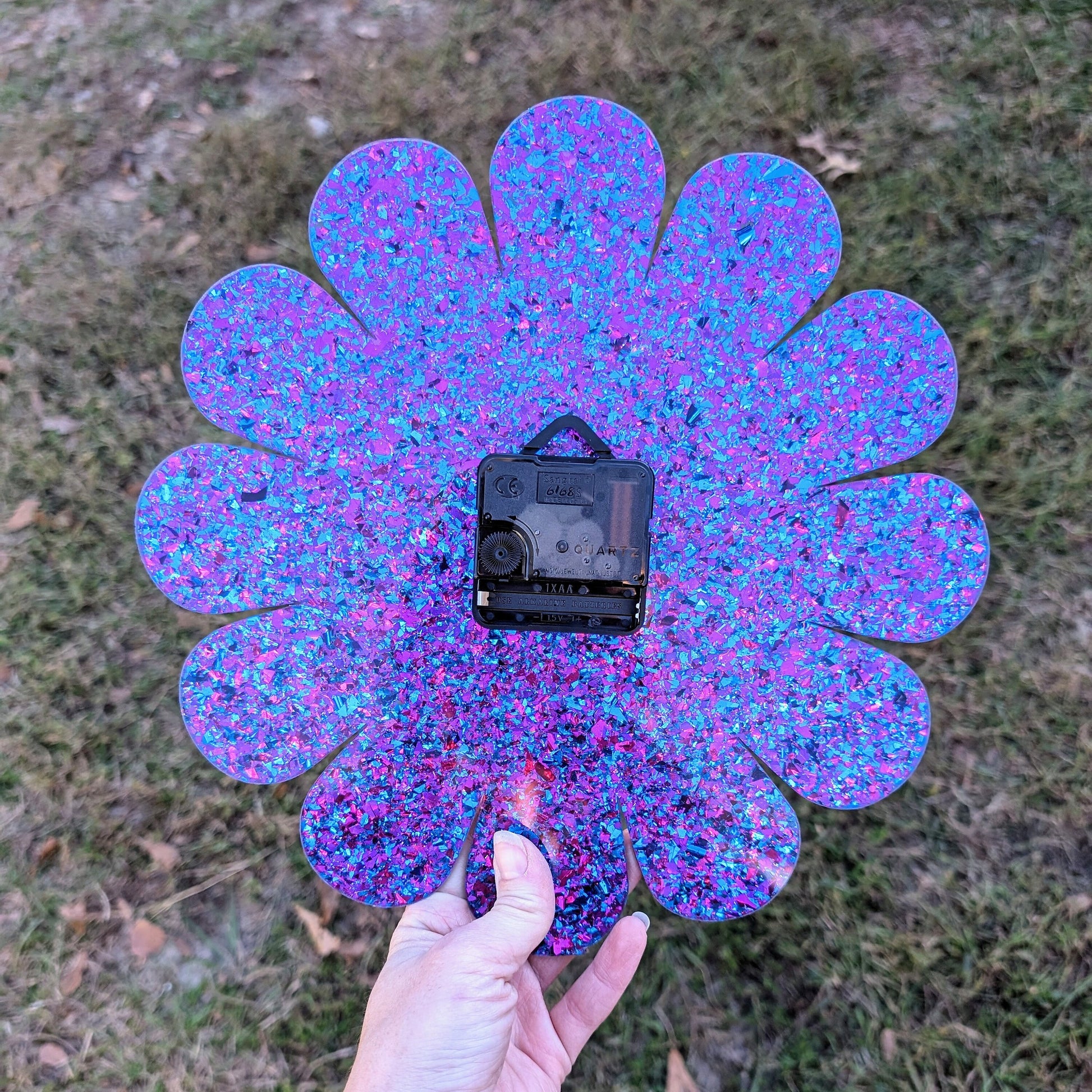 Purple Glitter Daisy Wall Clock