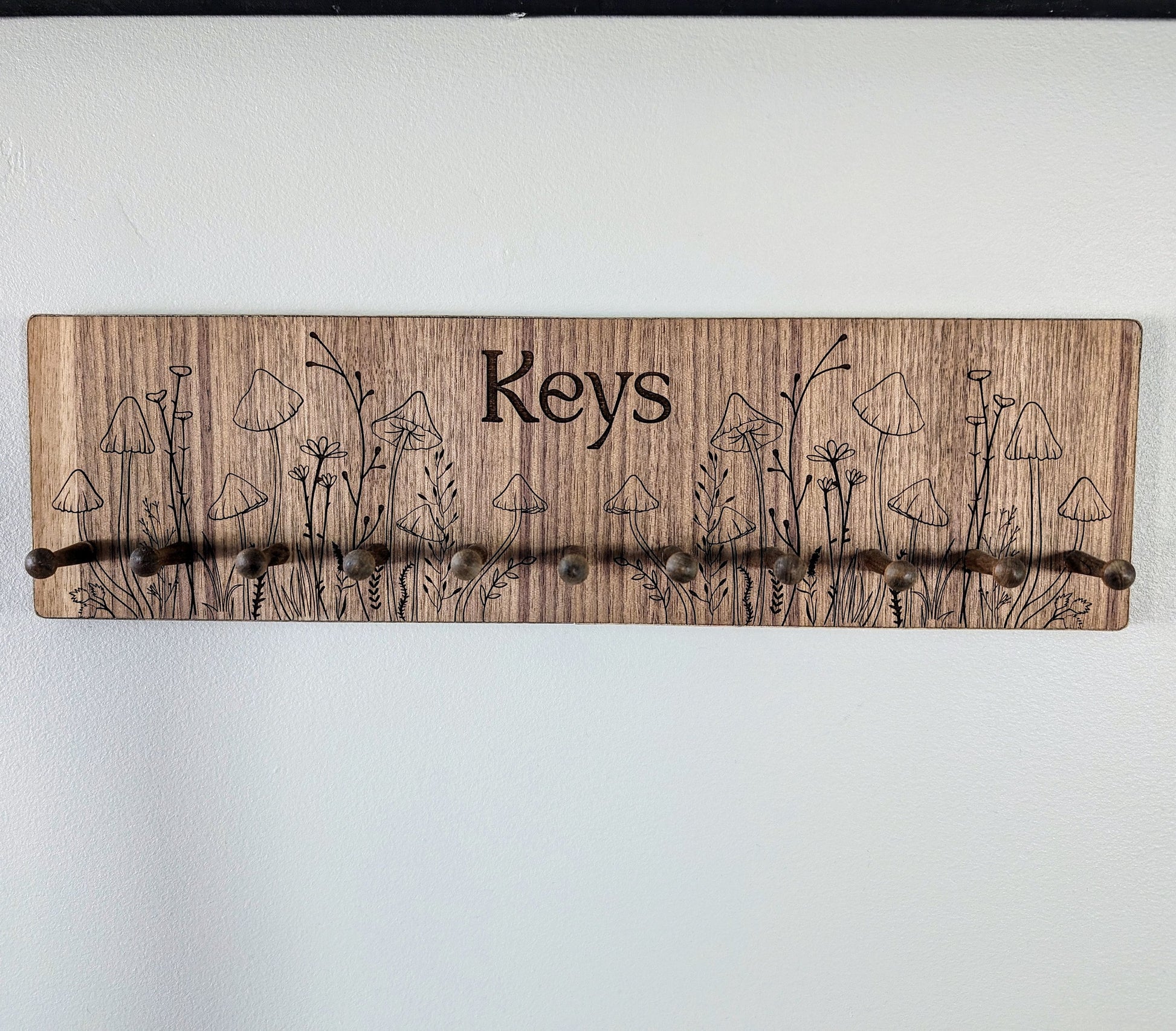 Walnut Wood Mushroom Engraved Key Hook Hanger - Car Keys - Boat Keys Organizer - Entryway Organizer - Key Valet - Customizable Key Shelf