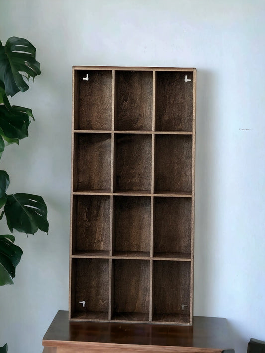 12 Compartment Wooden Display Shelf - Trinket Shelf - Curio Cabinet- Knick Knack Collection Display - Printer Tray -Figure Organizer Display