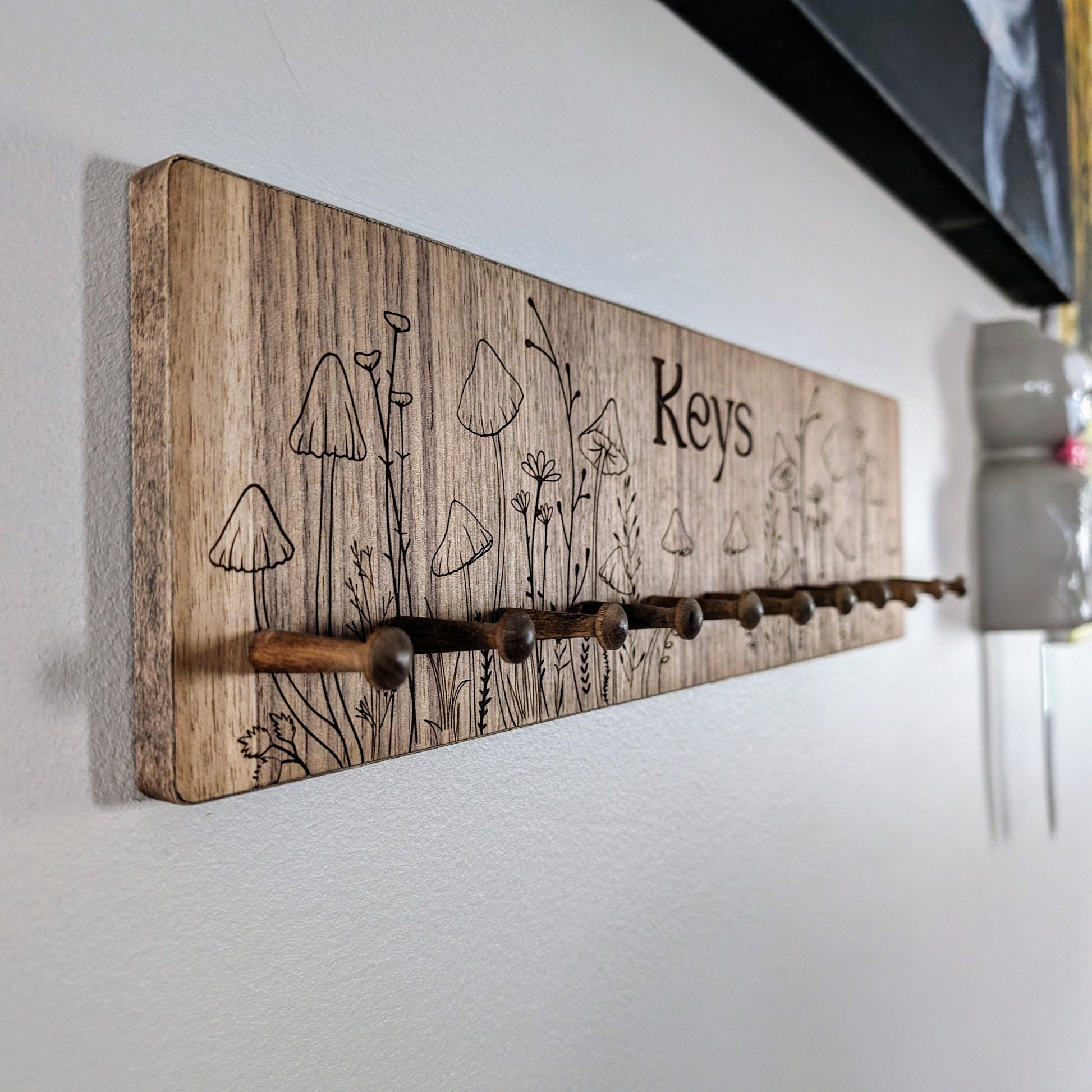Walnut Wood Mushroom Engraved Key Hook Hanger - Car Keys - Boat Keys Organizer - Entryway Organizer - Key Valet - Customizable Key Shelf