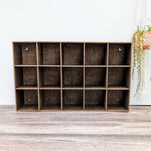 15 Compartment Wooden Display Shelf - Coffee Mug Shelf - 4.5x4.5 - Trinket Shelf - Curio Cabinet