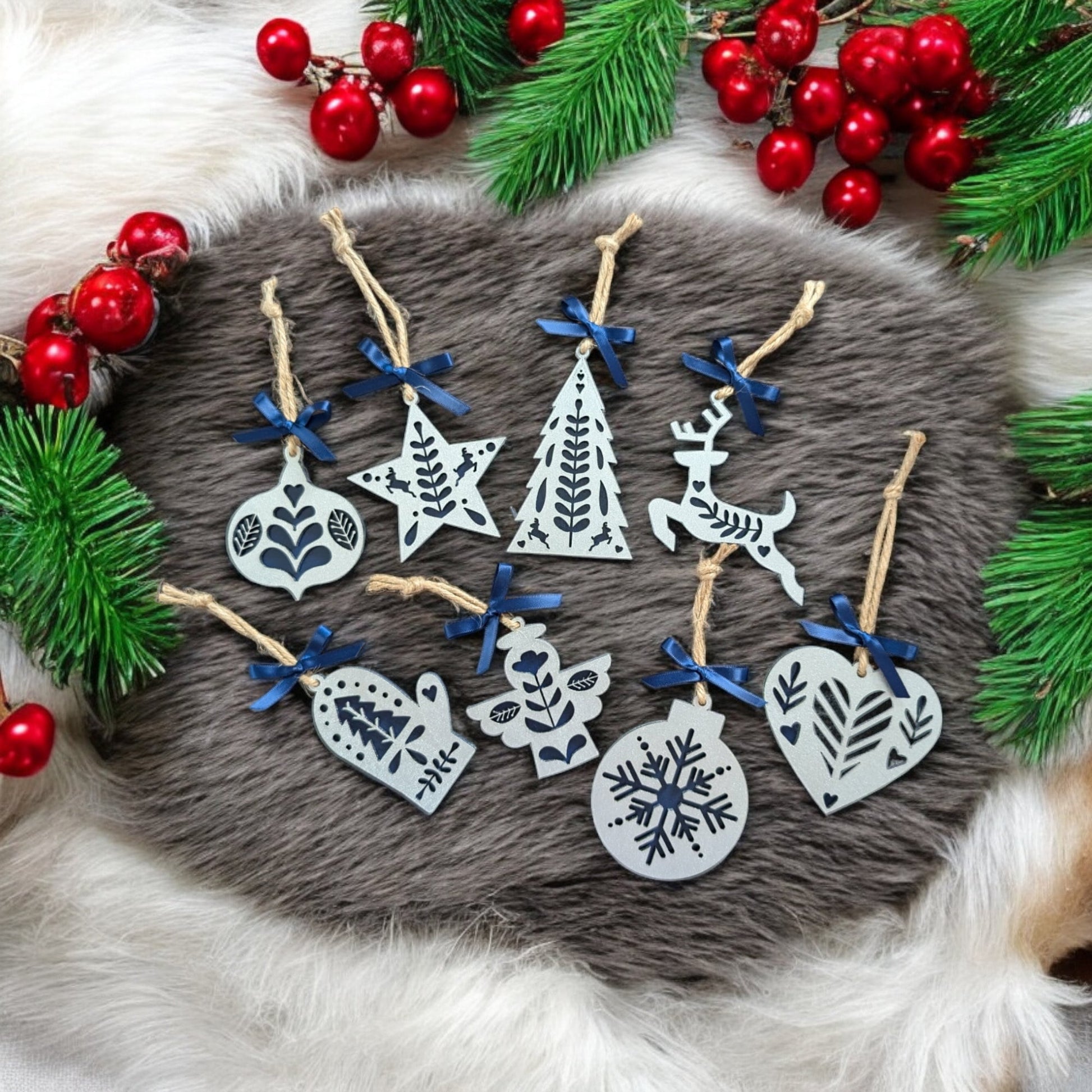 Set of 8 Minimalist Scandinavian Style Christmas Tree Ornaments - Hygge Christmas Ornaments - Rustic Ornament Set - Boho Christmas Ornaments
