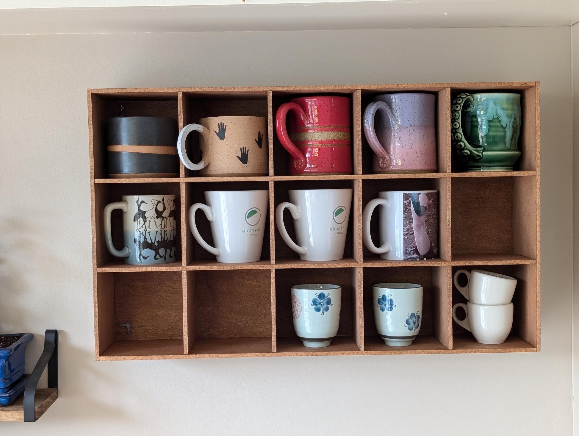 15 Compartment Wooden Display Shelf - Coffee Mug Shelf - 4.5x4.5 - Trinket Shelf - Curio Cabinet
