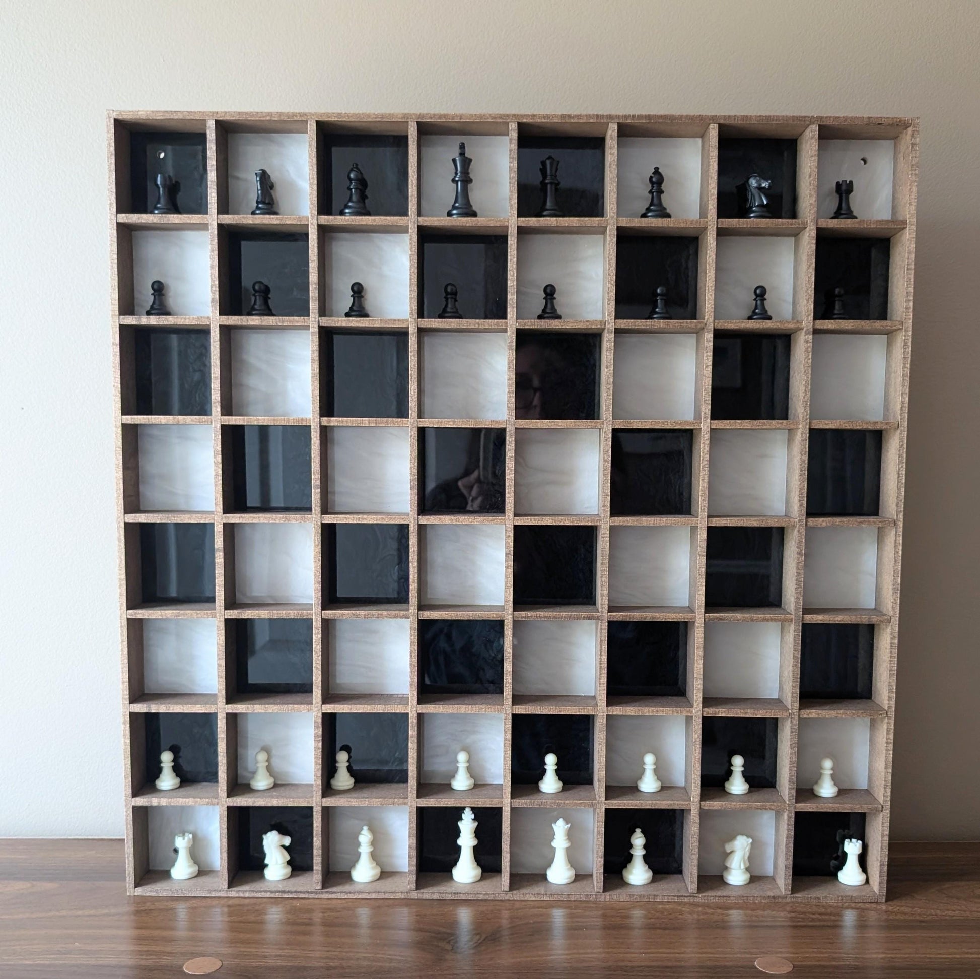 Wall mounted Chess Board Shadowbox- Standing Chess -Novelty Game Board - Gift for Him -Wooden Chess Board - Man Cave Decor -Miniature Chess