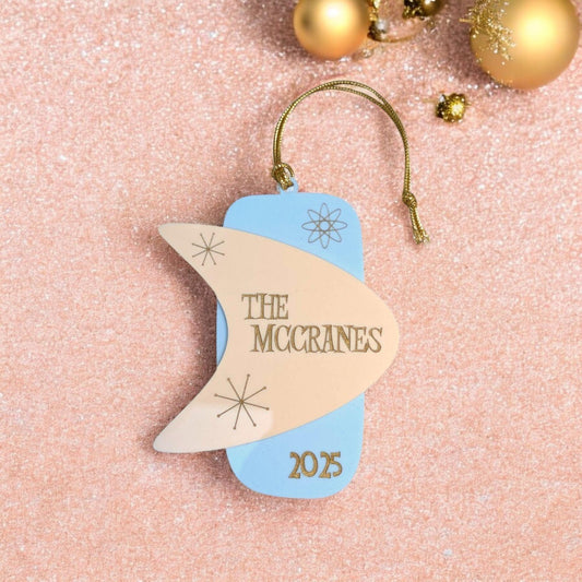 Mid Century Modern Retro Family Name Boomerang Ornament -2025 Happy Holidays MCM Ornament - 1950s 1960s Ornament - Retro Christmas Ornaments