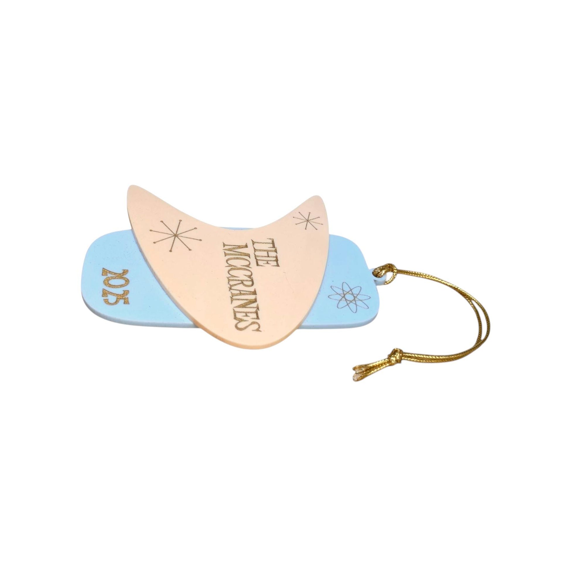 Mid Century Modern Retro Family Name Boomerang Ornament -2025 Happy Holidays MCM Ornament - 1950s 1960s Ornament - Retro Christmas Ornaments