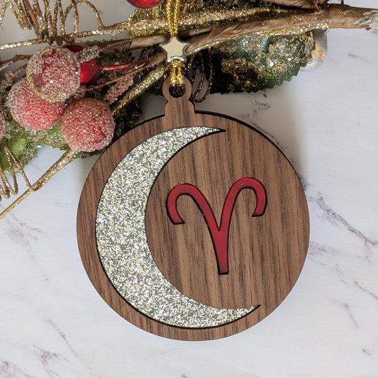 Personalized Aries Ornament | Walnut & Acrylic Zodiac Christmas Gift
