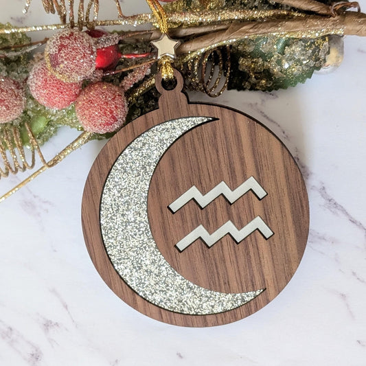 Personalized Aquarius Ornament | Walnut & Acrylic Zodiac Christmas Gift