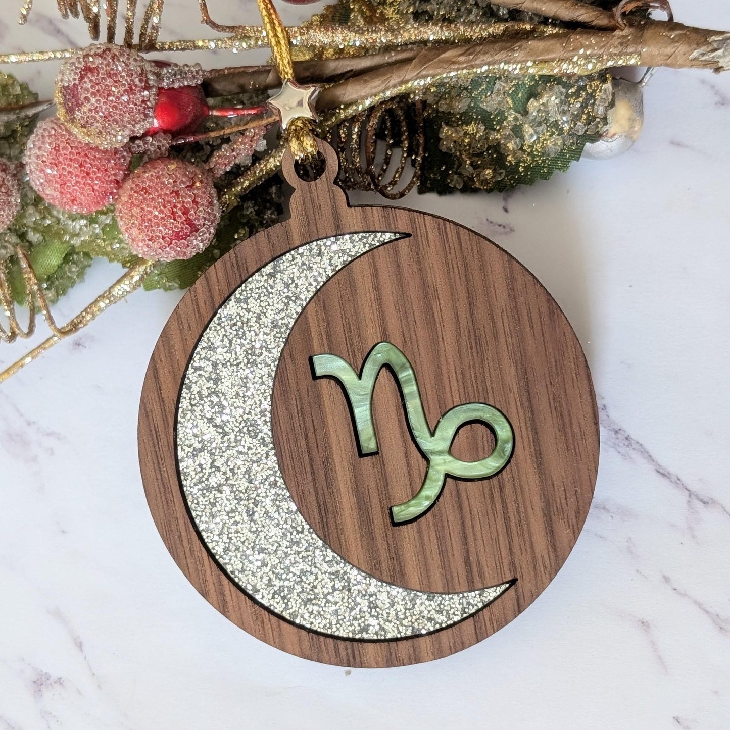 Personalized Capricorn Ornament | Walnut & Acrylic Zodiac Christmas Gift