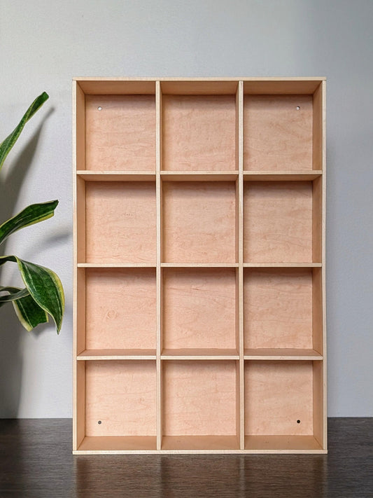 12 Compartment Wooden Display Shelf - 4x4.5 - Trinket Shelf - Curio Cabinet