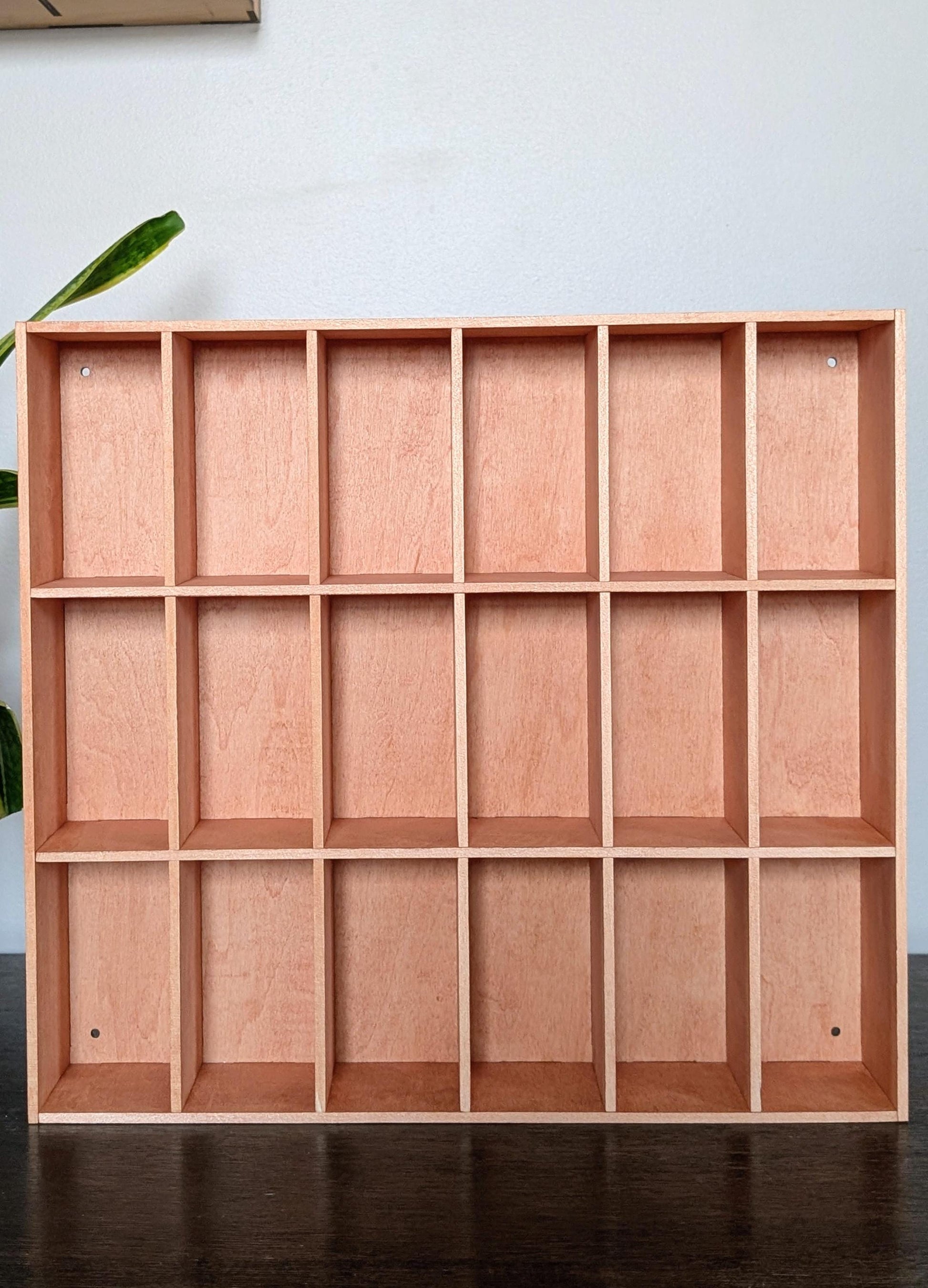 18 Compartment Wooden Display Shelf - 4.75x2.5 - Trinket Shelf - Curio Cabinet